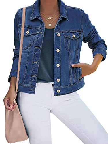 luvamia Damen-Jeansjacke mit Knopfleiste, Stretch, enganliegend, lange Ärmel, Denim-Jacke, Nightfall Blue, XL von luvamia