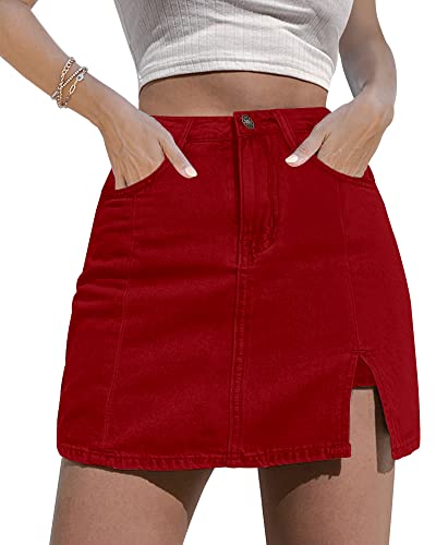 luvamia Skorts-Röcke für Damen, Denim-Minirock, Seitenschlitz mit hoher Taille, Jeans-Shorts, dehnbar, Echtes Rot, Groß von luvamia