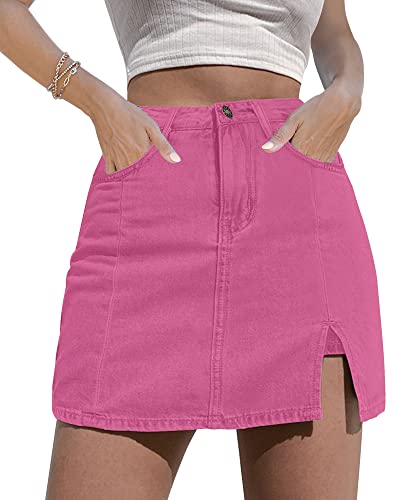 luvamia Skorts-Röcke für Damen, Denim-Minirock, Seitenschlitz mit hoher Taille, Jeans-Shorts, dehnbar, Knallpink (Hot Pink), Mittel von luvamia