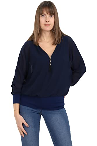 Malito Damen Bluse im Fledermaus Look | Tunika mit Zipper | Kurzarm Blusenshirt mit breitem Bund | Elegant - Shirt 6297 (dunkelblau) von malito more than fashion