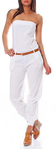 malito Damen Einteiler in Uni Farben | Overall mit Gürtel | langer Jumpsuit - Romper - Hosenanzug 1585 (weiß, L) von malito more than fashion