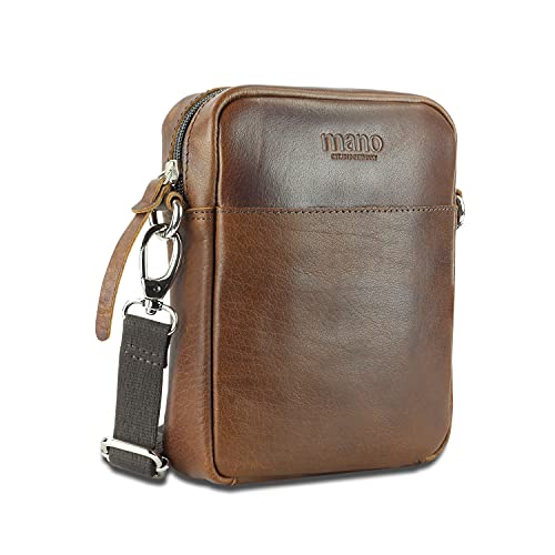 mano Don Paolo Umhängetasche Klein für Damen und Herren Schultertasche Leder, Messenger Bag Kleine Kuriertasche, Braun von mano