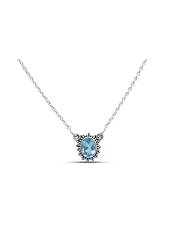 mantraroma Kette 925 Silber Blau Topas hellblauer Stein Edelstein Collier Silber Damen Sterling Silber Halskette Geschenk (MCO-012-62) von mantraroma