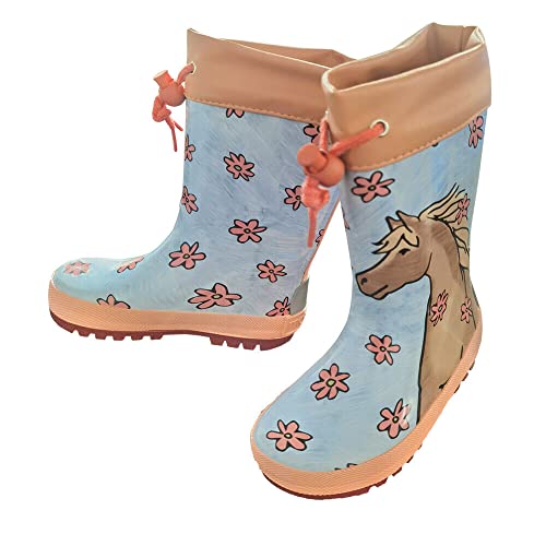 maximo Mädchen, Baby-und Kindergummistiefel, Regenstiefel, hellblau, Pferd+Blume, Jerseyfutter, Reflex 3M, Stulpe, Naturgummi (eu_footwear_size_system, toddler, women, numeric, medium, numeric_26) von maximo