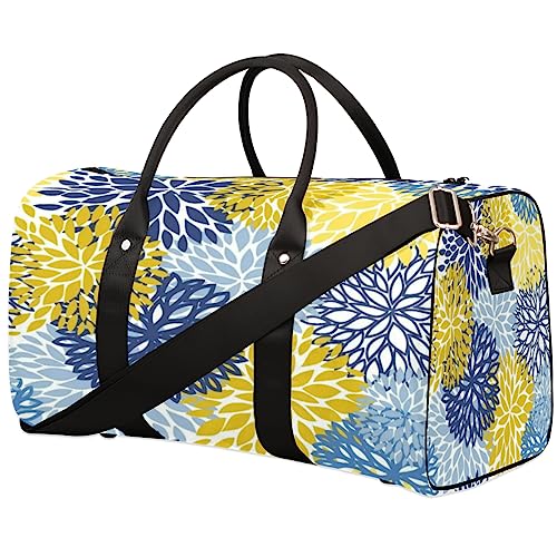 Gelb und Marineblau Chrysanthemen Reisetasche Faltbare Sporttasche Turnbeutel Weekender Tasche Workout Tasche Übernachtung Schultertasche Handgepäck Griff Tasche für Damen Herren, metallisch von meathur