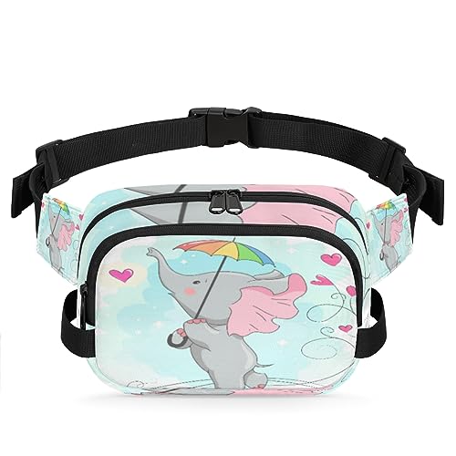 Niedlicher Elefanten-Baby mit Regenschirm, Gürteltasche für Damen und Herren, modische Crossbody-Bauchtaschen mit verstellbarem Riemen, Hüfttasche für Reisen, Wandern, Radfahren, Laufen, metallisch von meathur