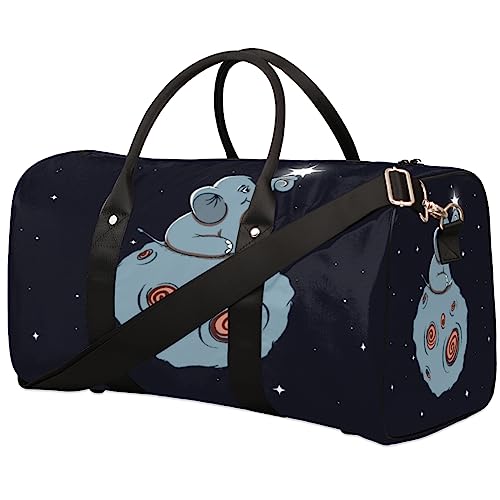 Niedlicher kleiner Elefant sitzt auf dem Mond, Reisetasche, faltbar, Sporttasche, Turnbeutel, Wochenendtasche, Workout-Tasche, Übernachtung, Schultertasche, Handgepäck, Grifftasche für Damen und Herren, metallisch von meathur