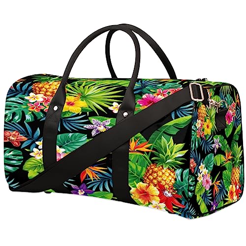 Tropische Ananas-Palmenblätter, Blume, Reisetasche, faltbar, Sporttasche, Turnbeutel, Wochenendtasche, Workout-Tasche, Übernachtung, Umhängetasche, Handgepäck, Grifftasche für Damen und Herren, metallisch von meathur