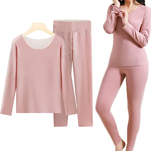 meioro Funktionsunterwäsche Damen, Rundhalsausschnitt Thermounterwäsche Sets,Fleece gefütterte Skiunterwäsche Warme Hohe Taille Lang Leggings, Damen Basisschicht Unterwasche Set (Rosa, L) von meioro