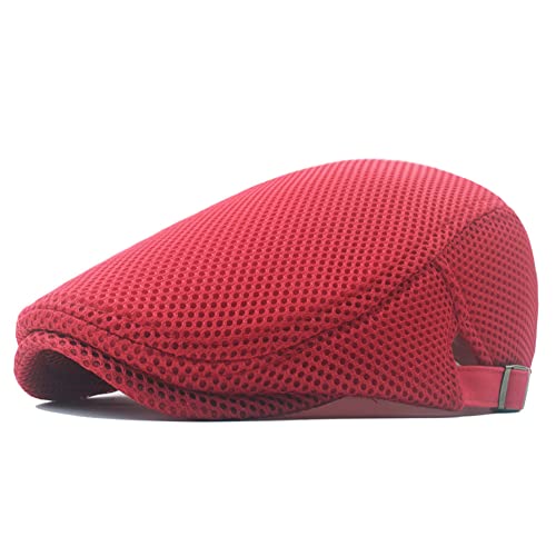 meioro Herren Mesh Schirmmütze, Atmungsaktive Sommer Newsboy Gatsby Barett Cap für Männer und Frauen, Unisex Flache Kappe Driving Schiebermütze Sportmütze Sonnenhut Flat Cap Größe 55cm-60cm (Rot) von meioro