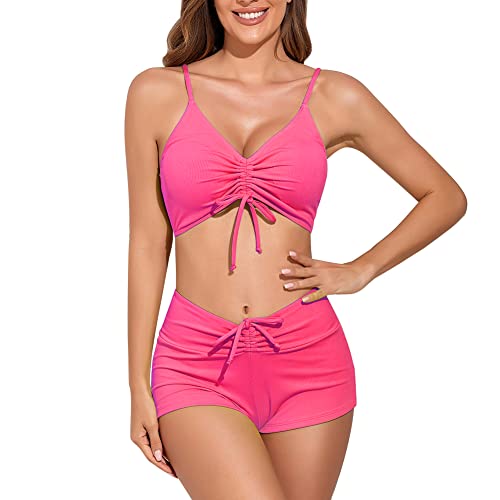 meioro Solider Badeanzug für Damen Bikini-Shorts zum Binden vorne Zweiteilige Badebekleidung Sportliche Badeanzüge Badeanzug mit hoher Taille(Leuchtend rosa,L) von meioro