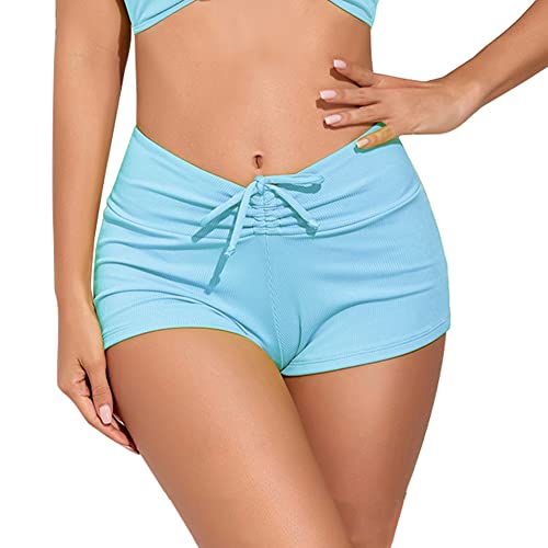 meioro Unifarbene Bikinihosen für Damen Bademode Unterteil mit Schnürung Vorne Hohe Taille Bikinihose V-Slit Bikini Slip Athletic Kordelzug Swim Boardshorts (Himmelblau,M) von meioro