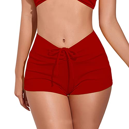 meioro Unifarbene Bikinihosen für Damen Bademode Unterteil mit Schnürung Vorne Hohe Taille Bikinihose V-Slit Bikini Slip Athletic Kordelzug Swim Boardshorts (Rot,S) von meioro