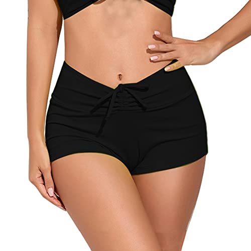 meioro Unifarbene Bikinihosen für Damen Bademode Unterteil mit Schnürung Vorne Hohe Taille Bikinihose V-Slit Bikini Slip Athletic Kordelzug Swim Boardshorts (Schwarz,XL) von meioro