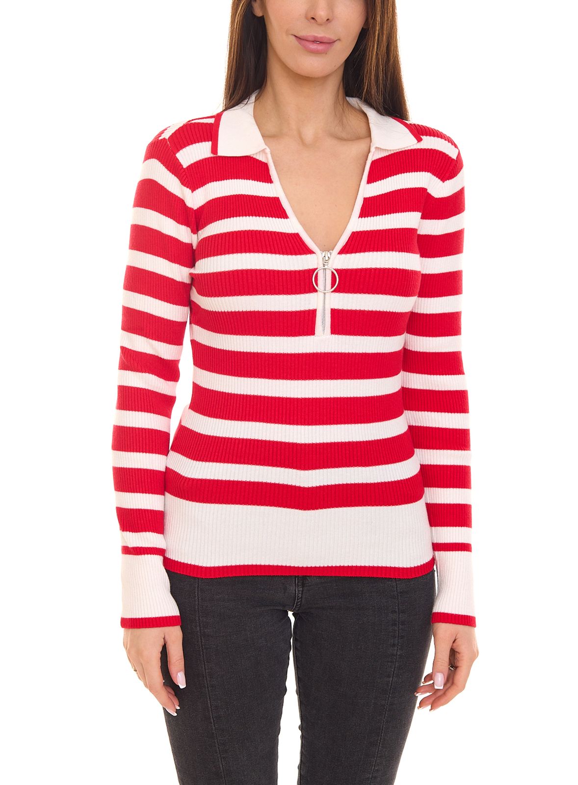 melrose Damen Langarm Polo-Shirt mit weitem V-Ausschnitt mit Kent-Kragen Sweatshirt 11397721 Rot/Weiß von melrose