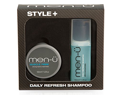 men-u Style+ Muskelfaser 100 ml (mit Daily Refresh Shampoo 100 ml), Haarstyling, starker Halt, mattes Finish, Flexi-Hold, Faser, Geschenkset für Herren von men-ü