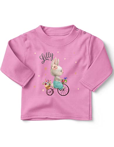 miKalino Baby/Kinder Longsleeve mit Spruch Hase auf Fahrrad mit Namen | Langarm Shirt für Jungen und Mädchen | Geschenkidee, Farbe:rosa, Grösse:68-74 von miKalino