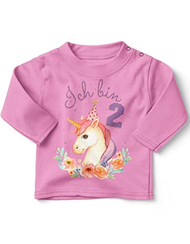 miKalino Baby/Kinder Longsleeve mit Spruch Ich Bin Zwei 2 Niedliches Einhorn mit Geburtstagshut zum zweiten Geburtstag Langarm Shirt für Mädchen | Geschenkidee, Farbe:rosa, Grösse:92-98 von miKalino