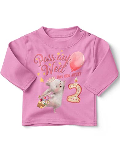 miKalino Baby/Kinder Longsleeve mit Spruch Pass auf Welt Ich Bin jetzt Zwei 2 Hase mit Herzluftballon Langarm Shirt für Mädchen | Geschenkidee, Farbe:rosa, Grösse:92-98 von miKalino