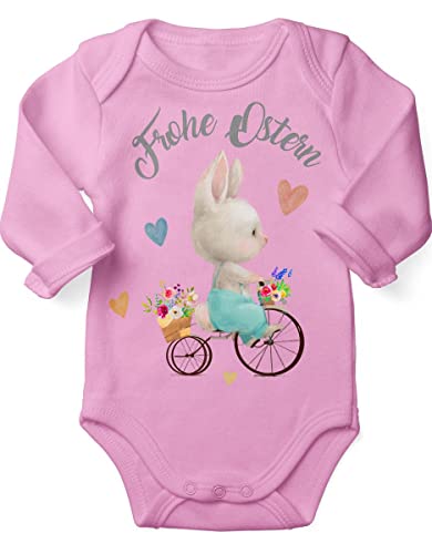 miKalino Babybody mit Spruch Frohe Ostern - Hase Fahrrad | Langarm Strampler für Jungen und Mädchen | Geschenkidee, Farbe:rosa, Grösse:74 von miKalino