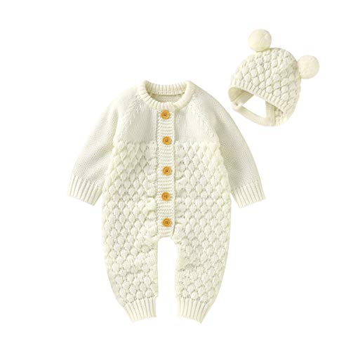 mimixiong Neugeborenes Baby Strampler Strickpullover Jumpsuit Mädchen Jungen Langarm Outfits mit Warmer Mütze (0-3 Monate, Elfenbein) von mimixiong