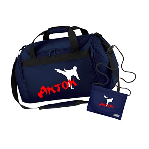 Sporttasche Karate mit Namen für Jungen | Personalisierte Kinder-Reisetasche Kampfsport Judo | Groß für Sport-Verein (dunkelblau 2-TLG. mit Geldbeutel) von minimutz