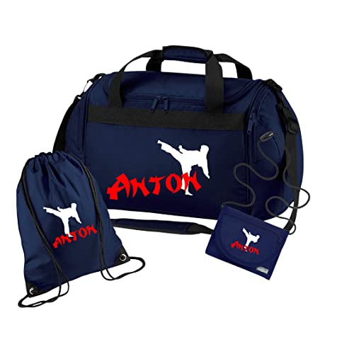 Sporttasche Karate mit Namen für Jungen | Personalisierte Kinder-Reisetasche Kampfsport Judo | Groß für Sport-Verein (dunkelblau 3-TLG. komplett) von minimutz