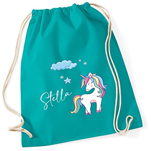 Turnbeutel Mädchen mit Namen Einhorn | Motiv Unicorn Wolke Sterne | Personalisierter Stoffbeutel mit Kordel (türkis) von minimutz