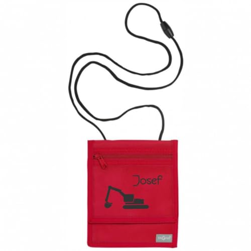 minimutz Brustbeutel Bagger Kinder - Personalisiert mit Name - Geldbeutel zum Umhängen Jungen Mädchen mit Klarsichtfenster für Schülerausweis Buskarte - 13 x 15 cm rot von minimutz