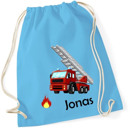 minimutz Turnbeutel Feuerwehr mit Namen personalisiert - Stoffbeutel Jungen Rucksack - Sportbeutel zum Zuziehen - 12L - 37x46cm (surfblau) von minimutz