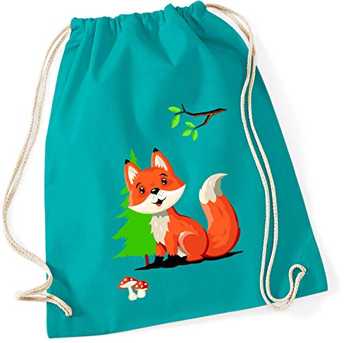 minimutz Turnbeutel Fuchs für Kinder | Stoffbeutel Baumwolle Fuchs Wald-Tiere | Sportbeutel zum Zuziehen mit Kordel 37cm x 46cm (türkis) von minimutz