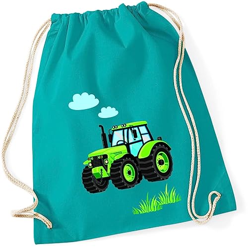 minimutz Turnbeutel Kinder Jungen aus Baumwolle | Motiv Traktor Bulldog mit Wolken & Gras | Schuhbeutel Sportbeutel zum Zuziehen mit Kordel 37cm x 46cm Türkis von minimutz