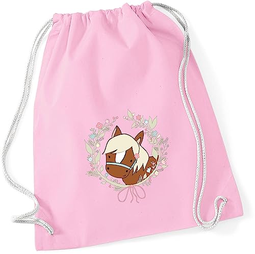 minimutz Turnbeutel Pferd für Mädchen | Stoffbeutel Baumwolle mit Blumenkranz | Sportbeutel zum Zuziehen mit Kordel 37cm x 46cm (rosa) von minimutz