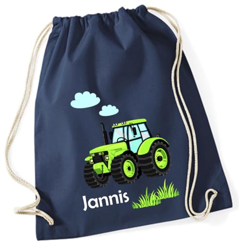 minimutz Turnbeutel Traktor mit Namen personalisiert - Stoffbeutel Jungen Rucksack - Sportbeutel zum Zuziehen - 12L - 37x46cm (dunkelblau) von minimutz