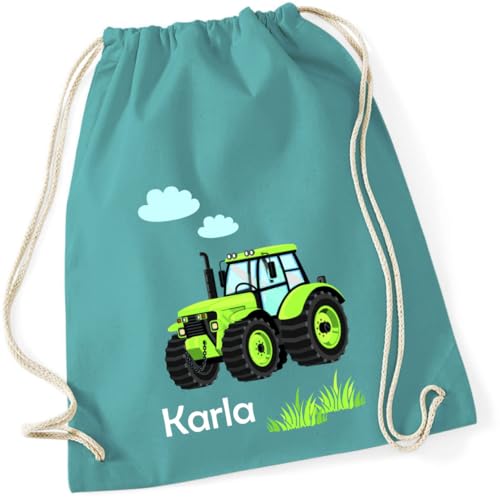 minimutz Turnbeutel Traktor mit Namen personalisiert - Stoffbeutel Jungen Rucksack - Sportbeutel zum Zuziehen - 12L - 37x46cm (türkis) von minimutz