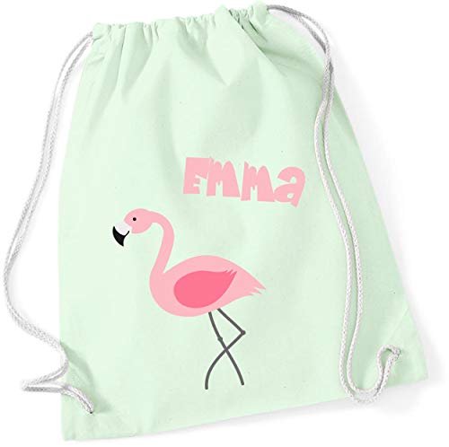 minimutz Turnbeutel mit Namen | Motiv Flamingo Vogel | inkl. NAMENSDRUCK | Stoffbeutel Hipster-Rucksack für Kinder & Mädchen in rosa pink lila (pastellgrün) von minimutz