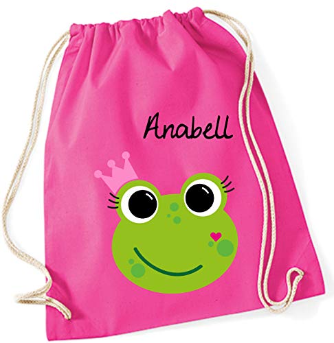 minimutz Turnbeutel mit Namen | inkl. Namensdruck | Motiv Frosch-Königin | Stoffbeutel Zuziehbeutel Rucksack Sportbeutel für Kinder Mädchen Krone (pink) von minimutz