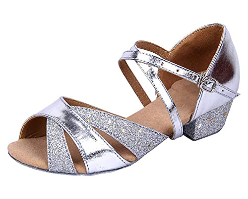 Mädchen Salsa Tanzschuhe Kinder Glitzer Latein Tango Ballsaal Schuhe mit Weiche Sohlen(27 EU, Silber) von missfiona