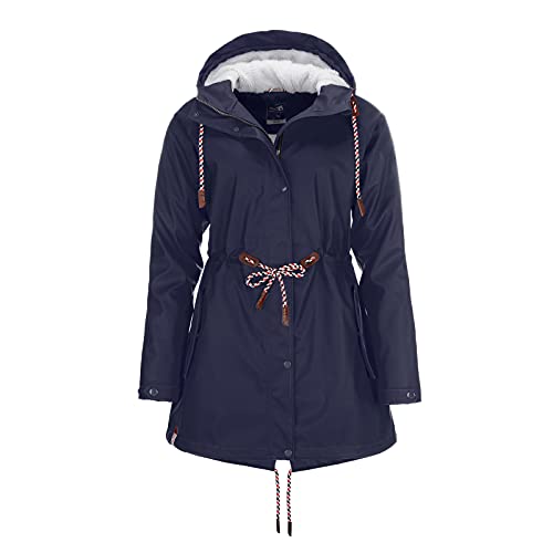 modAS Damen Regenmantel aus PU - Frauen Regenjacke gefüttert mit Teddy-Fleece Futter wasserdicht in Marine Größe 40 bis 42 von modAS