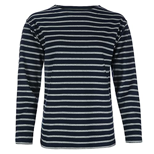 modAS Damen Shirt Bretonisches Damenshirt mit U-Boot Ausschnitt - Ringelshirt Streifenshirt Langarmshirt mit Streifen aus Baumwolle in Blau/Graumelange in Größe 38 von modAS