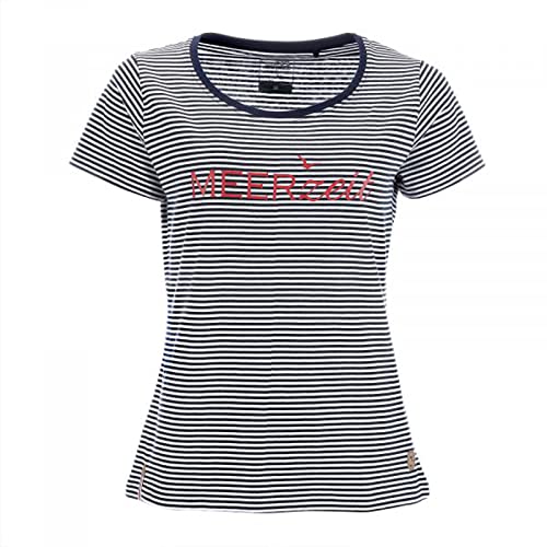 modAS Damen T-Shirt mit Streifen und Print Meerzeit - Ringelshirt Streifenshirt Rundhals Basic Shirt Gestreift in Blau-Weiß Größe 40 von modAS