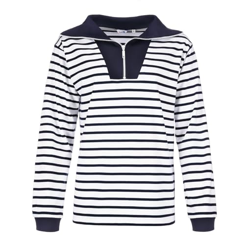 modAS Damen Troyer-Shirt Maritim mit Streifen - Gestreiftes Langarmshirt aus Baumwolle in Weiß-Blau Größe 50 von modAS