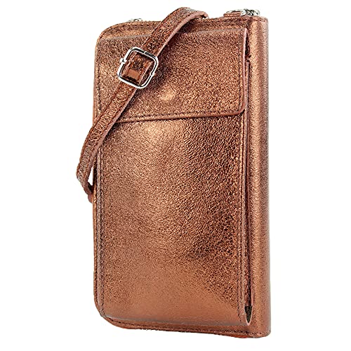 modamoda de - P06 - ital. Damen Umhängetasche Geldbörse Handytasche Leder, Farbe:Kupfergold-Metallic von modamoda de