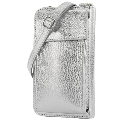 modamoda de - P06 - ital. Damen Umhängetasche Geldbörse Handytasche Leder, Farbe:Silber von modamoda de