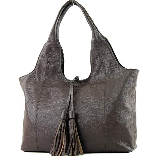 modamoda de - T105 - ital. Schultertasche Groß aus Leder, Farbe:Dark Chocolate von modamoda de