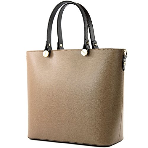 modamoda de - T132 - ital Damentasche Shopper aus Echtleder, Farbe:Braunbeige/Dunkelbraun von modamoda de
