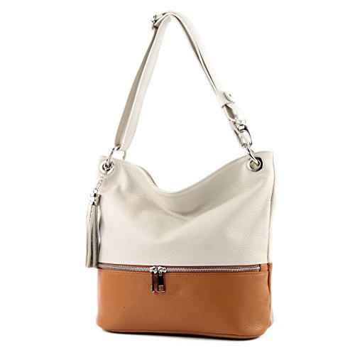 modamoda de - T143 - ital. Leder Schultertasche Umhängetasche, Farbe:Creme/Camel von modamoda de