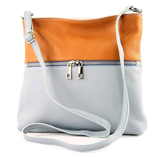 modamoda de - T144 - ital Umhängetasche Schultertasche aus Leder, Farbe:Eisblau/Camel2021 von modamoda de