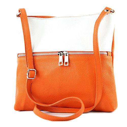 modamoda de - T144 - ital Umhängetasche Schultertasche aus Leder, Farbe:Orange/Weiß von modamoda de