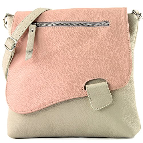 modamoda de - T146 - ital Messengertasche Umhängetasche aus Leder, Farbe:Creme/Rosa von modamoda de